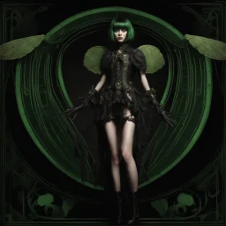 Full body, gothic woman with a bob with a fringe hairstyle, steampunk metal moth wings, green markings, black background