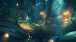 dense fantasy jungle with glowing fireflies, dawn, photorealistic, unreal engine 5, masterpiece, trending on artstation, sharp focus