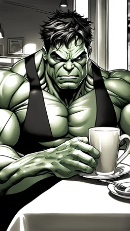 Artgerm, hulk sitting at a cosy diner, having a coffee, vain attitute, serenity, detailed, 8k, q2