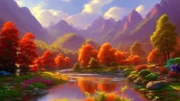 Serene landscape by day with sunlight beams with river running trough mountains, a forest with a lot of vibrant colors, in the style of bob ross, thomas kadinskade and albert bierstadt. Peacefull and calming, intricate details, vibrant.