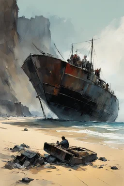 [Alex Maleev] kids in a small barque approaching an abandoned robot wreckage on the beach, under a scree