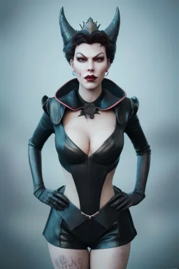 Hannah Waddingham as evil queen in black leather, busty, cleavage, voluptous, rebecca Welton, angry, stern look. character design by cory loftis, fenghua zhong, ryohei hase, ismail inceoglu and ruan jia. unreal engine 5, artistic lighting, highly detailed, photorealistic, fantasy