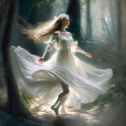 A sweet delicate music surrounding a gracious girl dancing barefoot in a forest, detailed beautiful face, she's wearing a white transparent dress, looks like a painting, volumetric lighting, depth of field