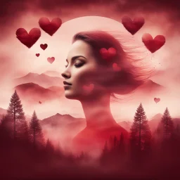 Double Exposure Of A Beautiful Women (Face) With Mini Maroon Whirling Hearts With Cloudy Sunset And Small Pine Trees On Mountains in a Grunge Pink And Red Background.