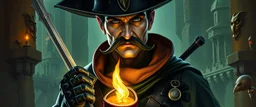 holy paladin assassin, oil paint and airbrush, upper body portrait of clever crow vintage mustache assassin thief quickling juggler man with Damascus steel sacrificial poison pouch in then elven magical green city of Forgotten Realms, myth drannor