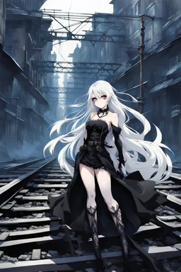 a captivating gothic anime girl, her ethereal beauty accentuated by porcelain skin and vibrant blue eyes. She stands firmly on a train track, legs wide apart, hands on hips, wearing a sleek black dress with lace details and a gun holstered on her thigh. Her flowing white hair billows in the wind as the smoky background portrays a chaotic scene of crumbling buildings and raging flames, emphasizing the imminent arrival of the train.