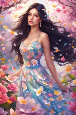 pretty girl with long dark hair and a dress of petals, surrounded by the beauty of spring, was a vision so rare. highly detailed, digital art, beautiful detailed digital art, colorful, high quality, 4k