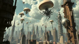 a stunningly weird image of a futuristic metropolis using Salvador Dali's paranoiac-critical method, where buildings and structures appear to melt into the skyline cityscape is filled with floating medusas and mad, twisted metal shapes that interact with the buildings and each other, forming a surreal tableau of a dreamlike reality. neu-steampunk vibe, essence of the scene in a cinematic manner, with dramatic shadows that enhance the distorted perspectives and bizarre mood