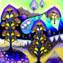 Vibrant, whimsical Mandelbrot fractal, winterly Tuscany landscape with frosted cypress trees, mountains, one single shooting star between clouds of silver and gold, richly textured acrylic ink and charcoal line art, in a zentangle style mix, blending Amanda Clark's fantastical elements and Catrin Welz-Stein's intricate details with Eyvind Earle's subtle earth tones and Georges Braque's bold geometri