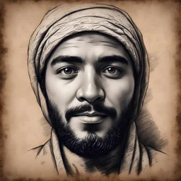 Hyper Realistic Sketch of a face of Muslim man on a vintage rustic paper with vignette effect & dark background