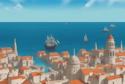 Concept art medivial fantasy port City with temple and sailing ships in the Water. On the horizon is a Storm