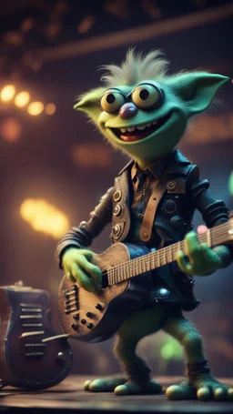 a psychedelic fuzzy muppet show gekko gremlin grinning rock star with club guitar in the style of Fallout 4 and Giger, bokeh like f/0.8, tilt-shift lens 8k, high detail, smooth render, down-light, unreal engine, prize winning