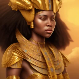 young african woman, short dark hair with golden highlights, ancient ((Egypt)),whole body, ancient armor, lion, golden jewelry, kente, flames as clouds, magnificent, majestic, highly intricate, incredibly detailed, ultra high resolution, complex 3d render,