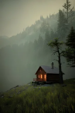 An ultrarealistic photograph of a cabin on the mountain in the rain f11, 3d with depth of shadow, misty lighting