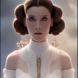 stunning half-body portrait photo of princess leia from Star Wars, hazel iris, wlop, artgerm, akihiko yoshida, and liang xing, detailed face, doe eyes, intricate braided hair style, symmetrical eyes, trending on artstation, highly detailed, white dress, dynamic pose, intricate outfit, space ship and galaxy background