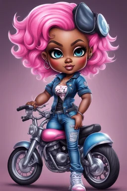 create an airbrush illustration of a chibi cartoon voluptuous black female wearing a blue jean outfit with biker boots. Prominent make up with hazel eyes. Extremely highly detail of a very low pink pixie haircut. Background of a bike show.