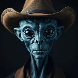 A man in black with a cowboy hat and a body shot of a super blue skin alien, full head, old, looking at the camera, super big head, super big black eyes, small mouth, no ears, total black skin. photo real, hyperrealistic, high dynamic range, rich colors, lifelike textures, 8K UHD, high color depth. neutral dark background.