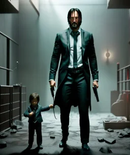 John wick toddler, full body, dramatic lighting, angry, hyper realistic