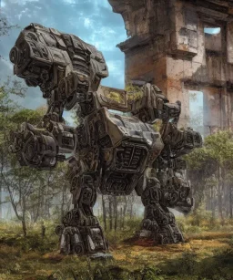 Large rusty destroyed mechwarrior inside a futuristic ancient ruin with plants and animals