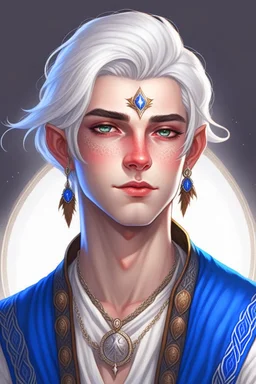 a wealthy half-elf young man with pointy ears and blue eyes, wears lots of jewelry, white hair