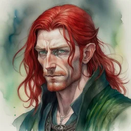 dnd, fantasy, watercolour, large strokes, stylistic, portrait, illustration, dull colours, male, face, narrow long face, weathered face, green eyes, determined, smiling, red hair, very long hair streaming down the shoulders, radiating light, five o'clock shadow, elegant, priest, god's grace