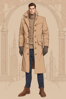 a guy winter fashion runway with modern clothes inspired by Superman's style clothes, embroidery elegant fashion beige tones