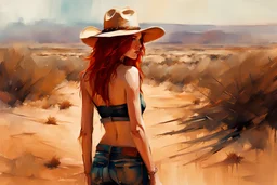 Redhead girl in a halter top and jean and a cowboy hat standing by an African desert :: digital matt painting with rough paint strokes by Jeremy Mann + Carne Griffiths + Leonid Afremov, black canvas