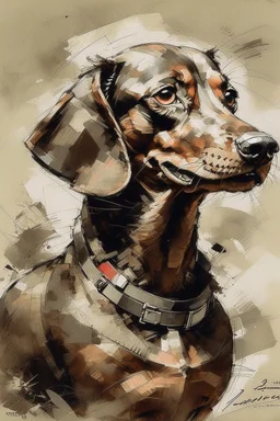 Portrait of a happy dachshund in the style of Yoji Shinkawa, Guy Denning, Florian Nicolle, Willem Haenraets