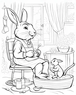 B/W outline art,coloring book page, full white, super detailed illustration for adult,"Doctor rabbit: A rabbit wearing an apron treats a monkey on his clinic bed", crisp line, line art, high resolution,cartoon style, smooth, low details, no shading, no fill, white background, clean line art,low background details, Sketch style.