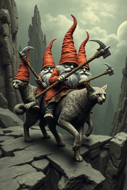 gnomes riding cats with hatchets in the style of Escher and Giger