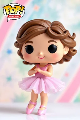 Funko Pop, very young female, medium wavy brown hair, pink ballerina dress, dance pose, smiling, very happy, colorful background, allowing visibility of the figure, typography, 3D render.