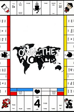 creating a custom Monopoly-style board with: 44 spaces in total, including the 4 corner squares. MAKE THE WRITING IN THE MIDDLE SAY OWN THE WORLD ,