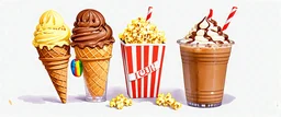 ice cream cones, sundaes, striped bag of popcorn, iced coffee drink with whipped topping. whimsical digital painting on white