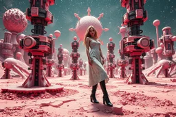 beautiful full body with long boots and midi dress lady in surreal interstar world made of fractal random size modern mechanical basic objects with helical colors,geers, in clothing similar to environment full body posing to camera