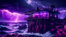 outpost on a cliff overlooking the stormy seas, nighttime, storms, purple light in the windows, cyberpunk style, video game scene, hyperrealistic, hyperdetailed, Unreal Engine, 8k,