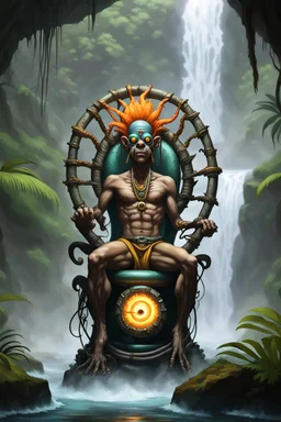 Dhalsim an electric eel necromancer on round beholder eye wheel throne in foggy jungle waterfall