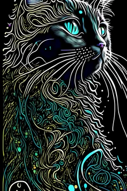 Wet color inks line art whimsical dreamy cat portrait with lot of ornament filigrees on black canvas illustration described in the perfect fractal style of Vassily Kandinsky, Jackson Pollock, Alphonse Mucha and Jeremy Mann, HQ, 4K