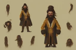 Boisterous braided long haired bearded tall man wearing gold rings and long fur trimmed merchant's coat, dark background, dynamic lighting, full body character design, golden glowing eyes, medieval fantasy, monocle