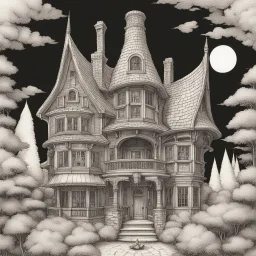 A detailed ink illustration of a front elevation of a fantasy house, with a tall chimney, rooms and floors added to the sides and roofs.