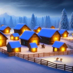 tiny fantasy farming village at night with wooden buildings in winter