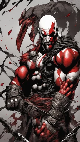 Kratos with body symbiote venom and Dressed kratos Clothes with red kratos tattoos and skin from symbiote and in holding blade of choice