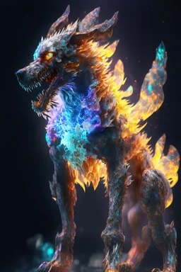 Zombie dog fire dragon humanoid fused ,extremely detailed,crystal clear, mystical colors ,perfectly centered image, perfect composition, rim light, beautiful lighting, 8k, stunning scene, raytracing