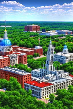 The city of Madison, Wi, as it would be depicted in the Fallout series of video games. Photorealistic, color