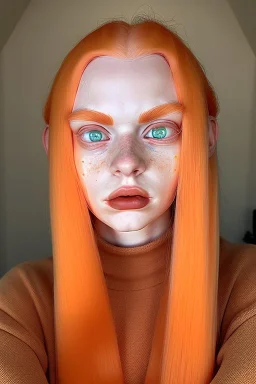 woman with orange and white hair, green eyes, tall and frail, soft facial traits