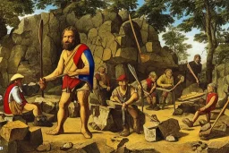 De Stijl, caveman holding a club, cave, cave bear, campfire, stone age, dawn, fine detail, high quality,