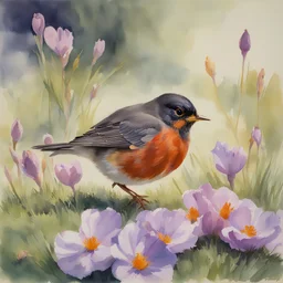 loose stroke disintegrating watercolor of an (American Robin-red-breast:1.2) pulling a worm from a lawn, springtime, budding crocuses, nature image, dramatic, reflective, warm pastel color palette, impressionism by Ansel Adams