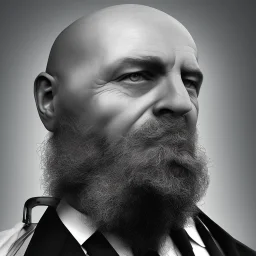 A huge bald man wearing a black suit, a black short beard