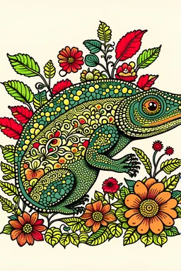 a chameleon rounded by flowers and leaves, quimbaya culture style
