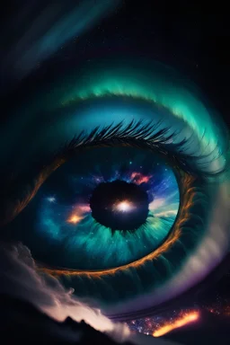 A close up image of an eye reflecting a night sky with then northern lights