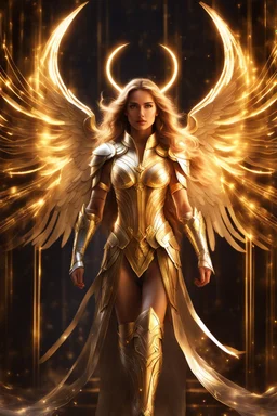 Photograph realistic beautiful Angel woman armor long hair stand face front in impact picture,translucent and glowing metallic patterns,glowing metal objects hovering in the air and surrounding him,Electric arcs and sparks,flow of energy,translucent magnetic lines,golden and shimmering light effects